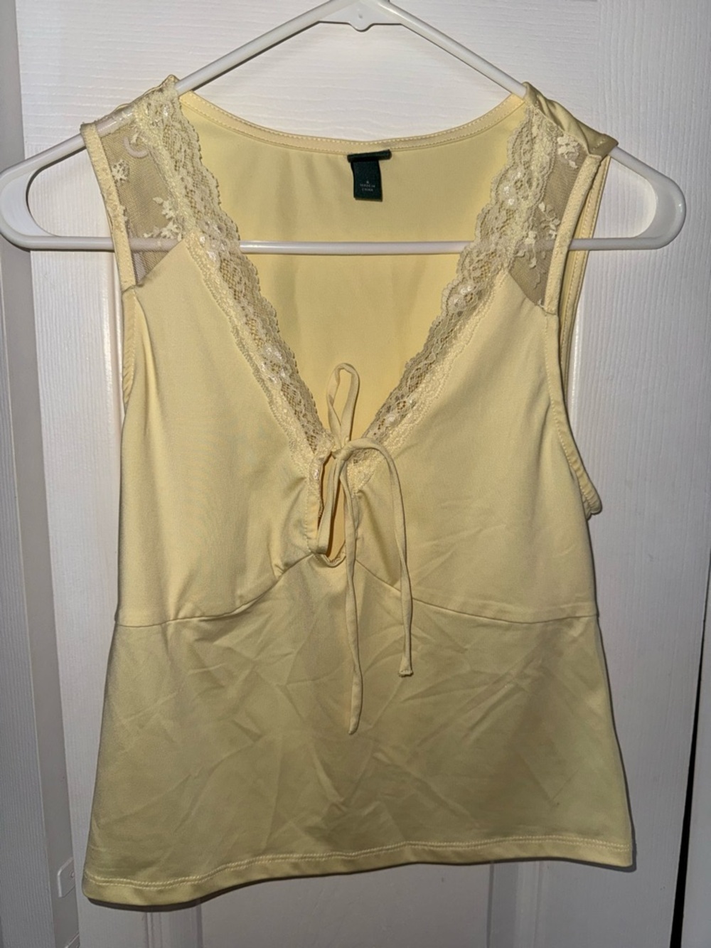 Tribal Pale Yellow Lace-Trim Tie Front Tank